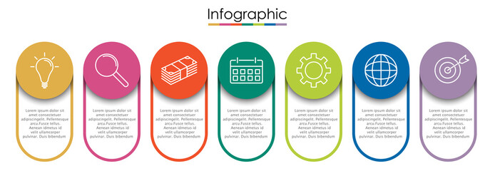 Vector infographic template with seven steps or options. Illustration presentation with line elements icons.  Business concept design can be used for web, brochure, diagram