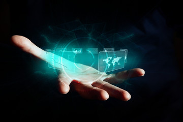 mano, aperta, tecnologia, ologramma, luce, buio, realtà virtuale