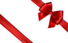 Shiny Red Satin Ribbon On White Background. Vector Red Bow And Ribbon