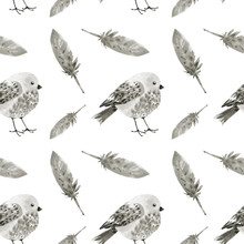 Watercolor Birds Seamless Pattern With Feathers On White Background