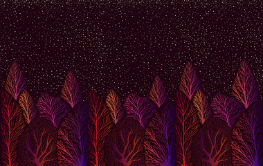 Psychedelic surreal colorful landscape with forest and night stars sky, trees bright orange pink purpule gradient color. Vector hand drawn fantasy illustration.