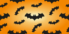 Halloween Bat Pattern Background. Seamless Pattern Banner With Bats In An Orange Print Design