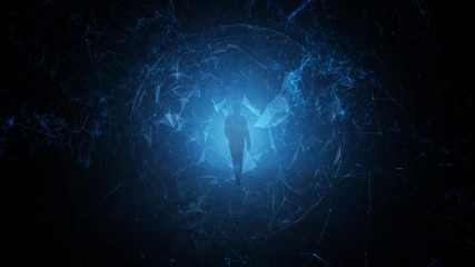 Wall Mural - Artistic walking into dark digital cyberspace network. Futuristic artificial intelligence animation background with a person.