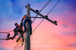 © mrpratan - Electrician lineman repairman worker at climbing work on electric post power pole