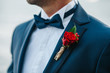 Hands of wedding groom in a white shirt dress cufflinks. Boutonnière. groom buttoning the front of his jacket