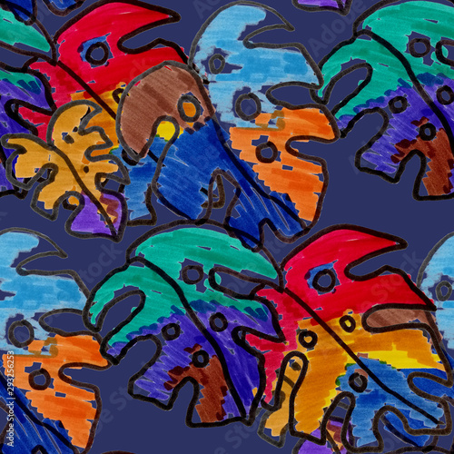 Creative seamless pattern with tropical flowers and leaves. Bright summer pri...