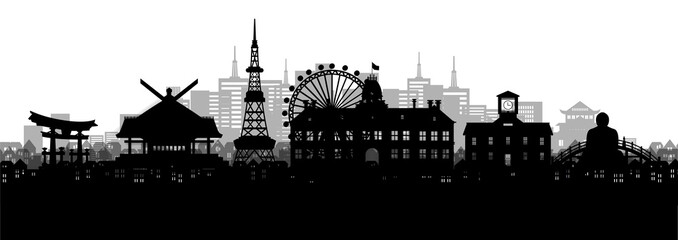 Wall Mural - Silhouette panorama view of Sapporo city skyline with world famous landmarks of Japan in paper cut style vector illustration.