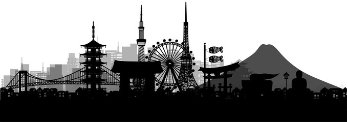 Fototapete - Silhouette panorama view of Tokyo city skyline with world famous landmarks of Japan in paper cut style vector illustration.