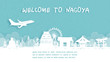 Travel poster with Welcome to Nagoya, Japan famous landmark in paper cut style vector illustration.
