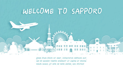 Wall Mural - Travel poster with Welcome to Sapporo, Japan famous landmark in paper cut style vector illustration.