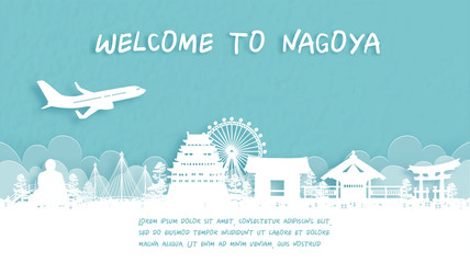 Wall Mural - Travel poster with Welcome to Nagoya, Japan famous landmark in paper cut style vector illustration.
