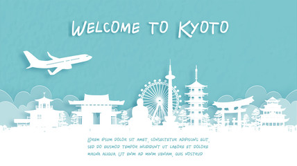 Wall Mural - Travel poster with Welcome to Kyoto, Japan famous landmark in paper cut style vector illustration.