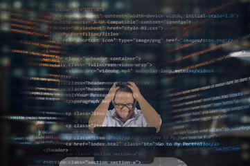 An angry and tired web designer giving an angry emotion and body gestures while working in front of his laptop. Thinking lots of HTML codes concept. Working late night in the office. 
