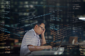 young asian male student in school uniform with glasses surrounded by overlay html codes, tired and 