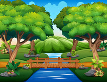 Cartoon Of The Small Wooden Bridge In The Woods