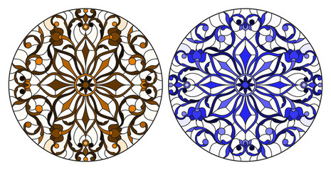 Wall Mural - Set of illustrations in stained glass style with round floral arrangements, blue and brown