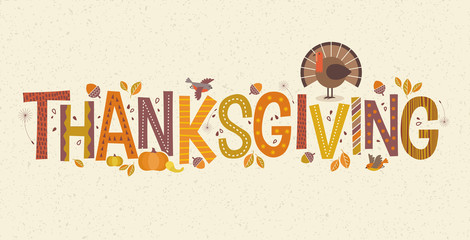 Decorative lettering Thanksgiving with seasonal design elements and turkey. For banners, cards, posters and invitations.