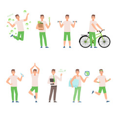 man in a white shirt and green pants leads a healthy lifestyle. vector illustration on a white backg