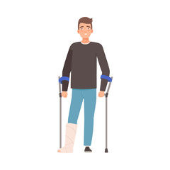 Sticker - Brunette man with crutches and plaster on his leg. Vector illustration.