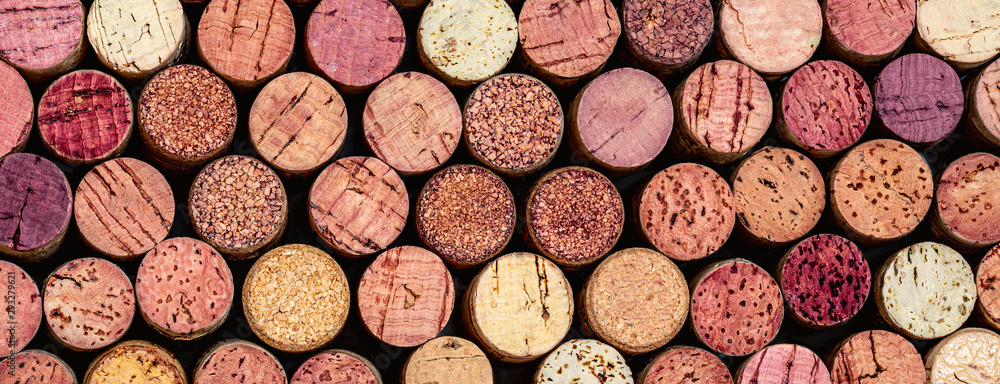 Wine corks Pattern. Various wooden wine corks  as a Background. Food and drink concept . - obrazy, fototapety, plakaty 