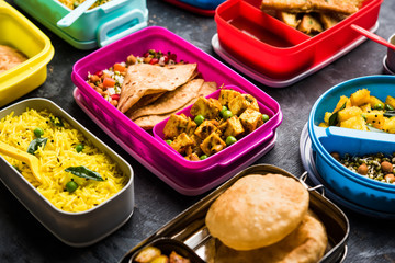 Wall Mural - group of Lunch Box / Tiffin for Indian kids, showing variety or multiple option or combination of healthy food for your school going children