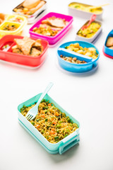 Wall Mural - group of Lunch Box / Tiffin for Indian kids, showing variety or multiple option or combination of healthy food for your school going children