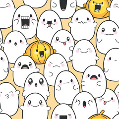 Wall Mural - Seamless Background Cute Ghosts Celebrating Halloween