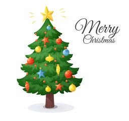 merry christmas card. cartoon christmas tree isolated on white background. decorations with stars, b