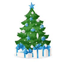 Cartoon Christmas Tree With Presents Isolated On White. Decorations With Blue And White Stars, Balls And Garlands.