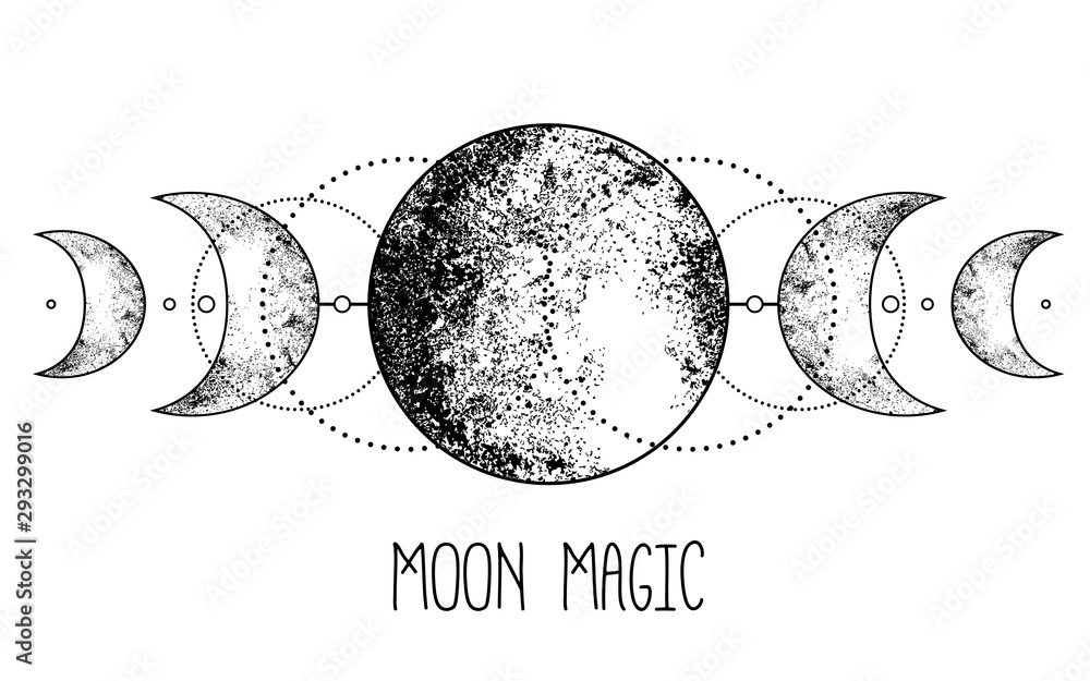 Triple moon pagan Wicca moon goddess symbol. Three-faced Goddess: Maiden – Mother – Crone vector illustration.  Tattoo, astrology, alchemy, boho and magic symbol. - obrazy, fototapety, plakaty 