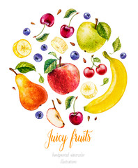 Wall Mural - Watercolor fruit. Apple. Pear. Blueberries. Cherry. Banana. Watercolor botanical illustration. 