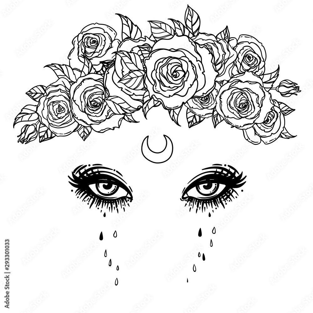 Black and white drawing of beautiful eyes with moon and roses. Vector ...