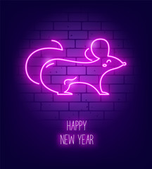 Wall Mural - Cute glowing contour rat on a brick wall. Vector illustration in neon style.