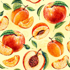 Wall Mural - Watercolor peach and apricot. Botanical watercolor hand drawn illustration. Peach. Apricot. Watercolor fruits. Seamless pattern