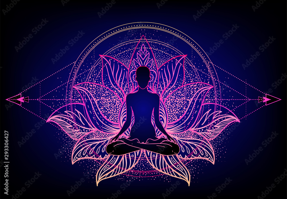 Chakra concept. Inner love, light and peace. Buddha silhouette in lotus position over colorful ornate mandala. Vector illustration isolated. Buddhism esoteric motifs. - obrazy, fototapety, plakaty 