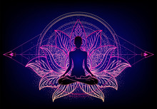 Chakra Concept. Inner Love, Light And Peace. Buddha Silhouette In Lotus Position Over Colorful Ornate Mandala. Vector Illustration Isolated. Buddhism Esoteric Motifs.