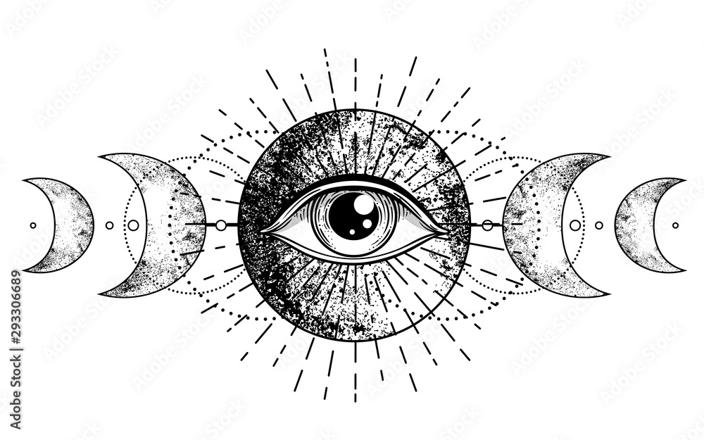 Eye of Providence. Masonic symbol. All seeing eye inside triple moon pagan Wicca moon goddess symbol. Vector illustration. Tattoo, astrology, alchemy, boho and magic symbol. - obrazy, fototapety, plakaty 