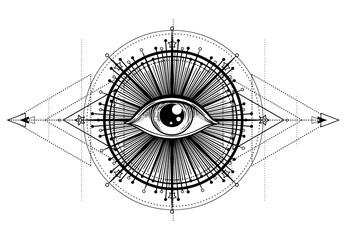 Wall Mural - Eye of Providence. Masonic symbol. All seeing eye inside triple moon pagan Wicca moon goddess symbol. Vector illustration. Tattoo, astrology, alchemy, boho and magic symbol.