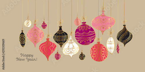 Decorative xmas card with hanging luxury naive vintage baubles