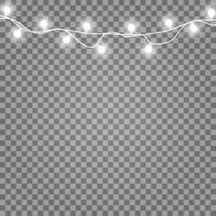 Wall Mural - Glowing lights for holidays. Transparent glowing garland. White glowing lights for greeting card design. Garlands, Christmas decorations