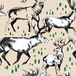 Seamless pattern with deers. Drawing by hand a pen. A herd of deer.