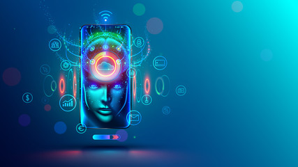 Poster - AI in phone. Mobile online assistance in phone with artificial intelligence. Chatbot and internet helper in smartphone. App of virtual personal business adviser of web services. Technology concept.