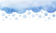 Snowing. Large snowflakes are falling. cutout background template with winter sky. Large flakes of snow. Big lught watercolor gradiented fill blue cloud. Page border template. Isolated on white.