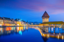 Historic City Center Of Downtown Lucerne With  Chapel Bridge And Lake Lucerne In Switzerland
