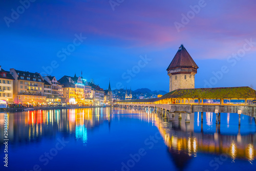Historic city center of downtown Lucerne with Chapel Bridge and lake Lucerne in Poster Mural XXL