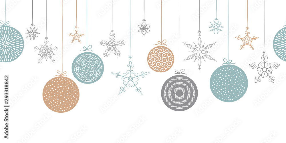 Elegant seamless pattern with hanging Christmas balls and stars. Hand ...