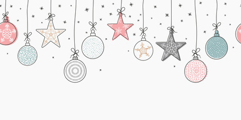 elegant seamless pattern with hanging christmas balls and stars. hand drawn and creative baubles - v