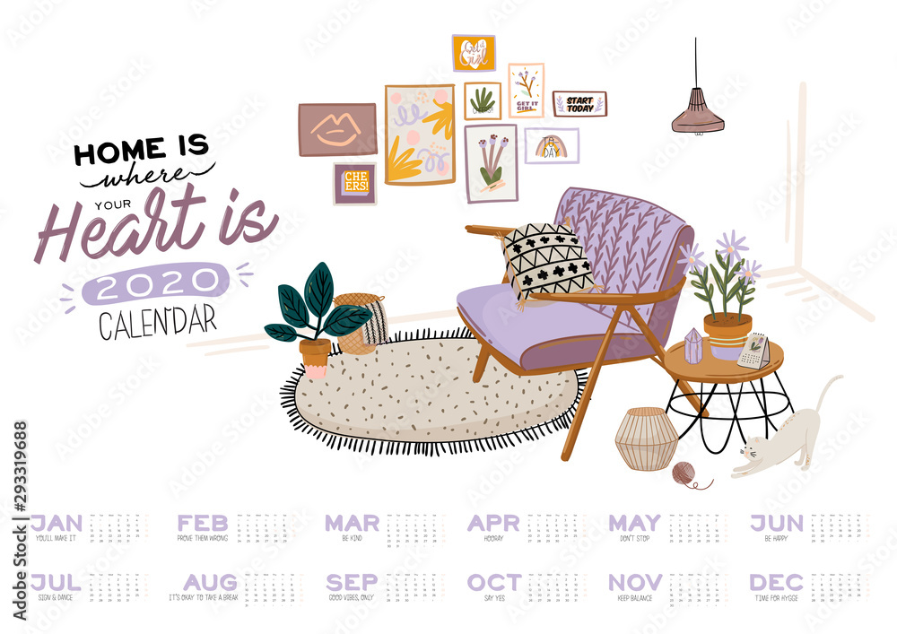 Wall calendar. 2020 Yearly Planner with all Months. Good school ...