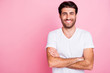 Portrait of positive cheerful middle eastern man freelancer ready to work get earnings wear casual style clothes isolated over pastel color background