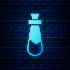 Glowing neon Bottle with potion icon isolated on brick wall background. Flask with magic potion. Happy Halloween party. Vector Illustration